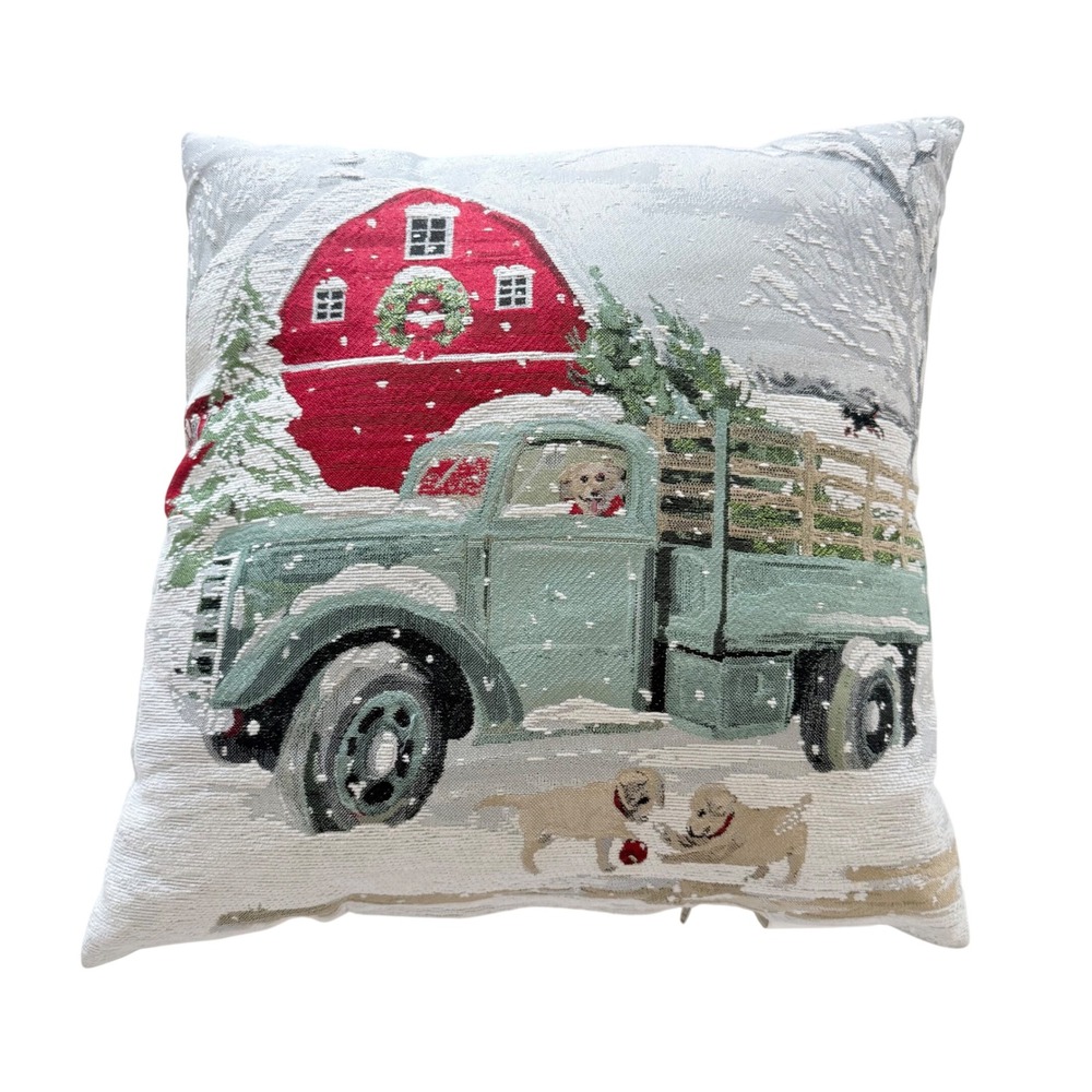 Hillsboro Farms Puppies Throw Pillow 18x18 Red Green Winter Truck Barn Tapestry